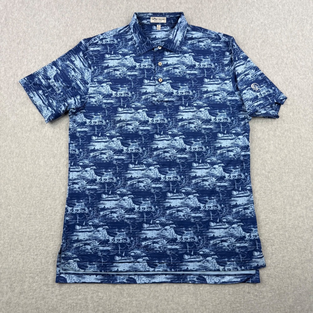Peter Millar Shirt Mens Medium Blue Polo Summer Comfort Beach Print Performance